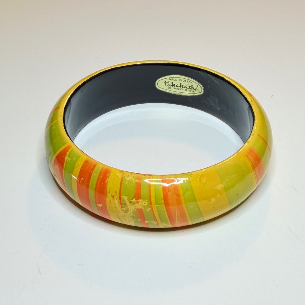 Vintage 1970s Takahashi San Francisco Lacquer Bangle Bracelet Green Orange Japan